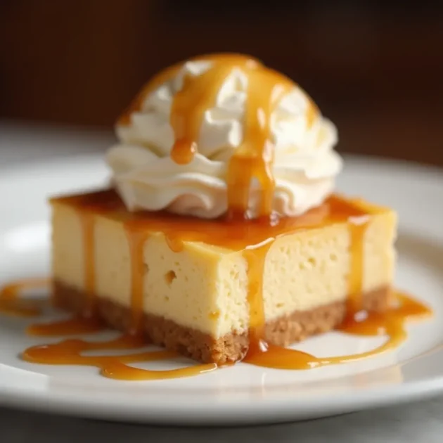 Served churro cheesecake bar with caramel and ice cream