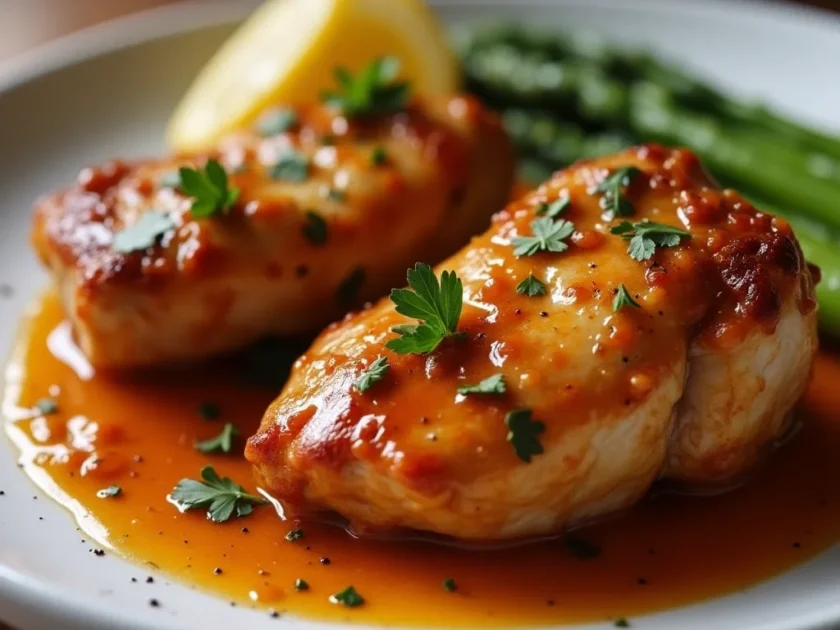 Juicy raw chicken thighs with lemon and fresh herbs, ready for cooking.