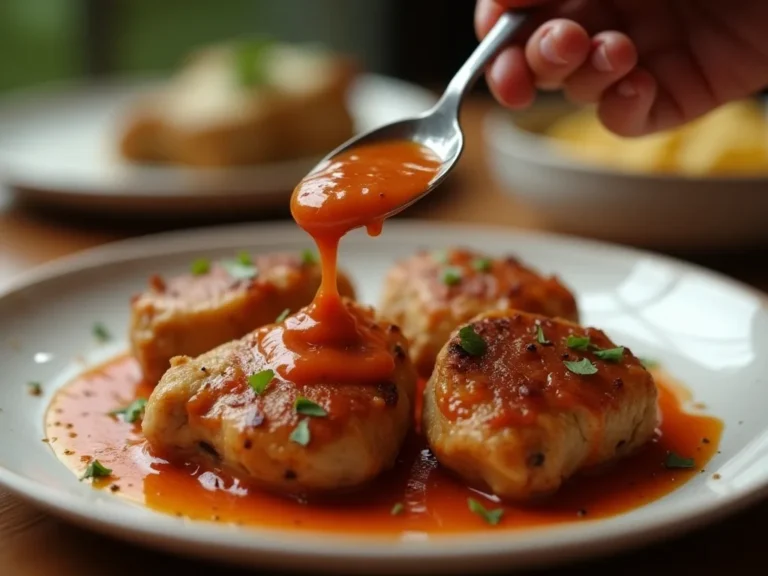Drizzling Hazelnut Romesco sauce on chicken thighs