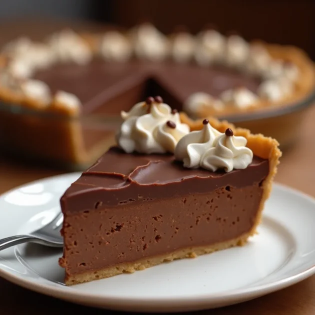 Serving suggestion for a slice of 3-Ingredient Hershey Bar Icebox Pie.