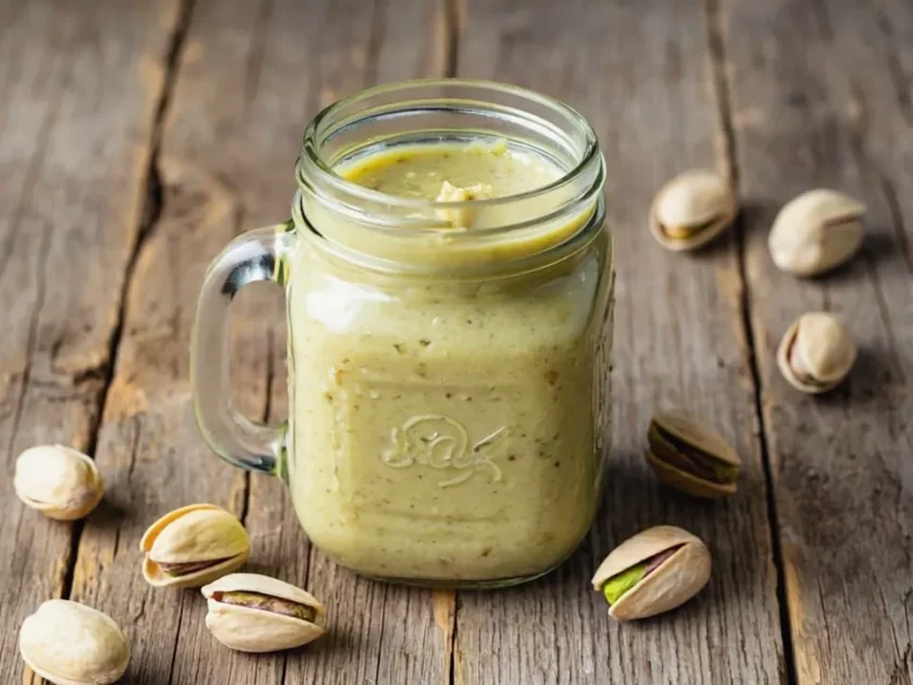 creamy pistachio nut butter in a glass jar with raw pistachios