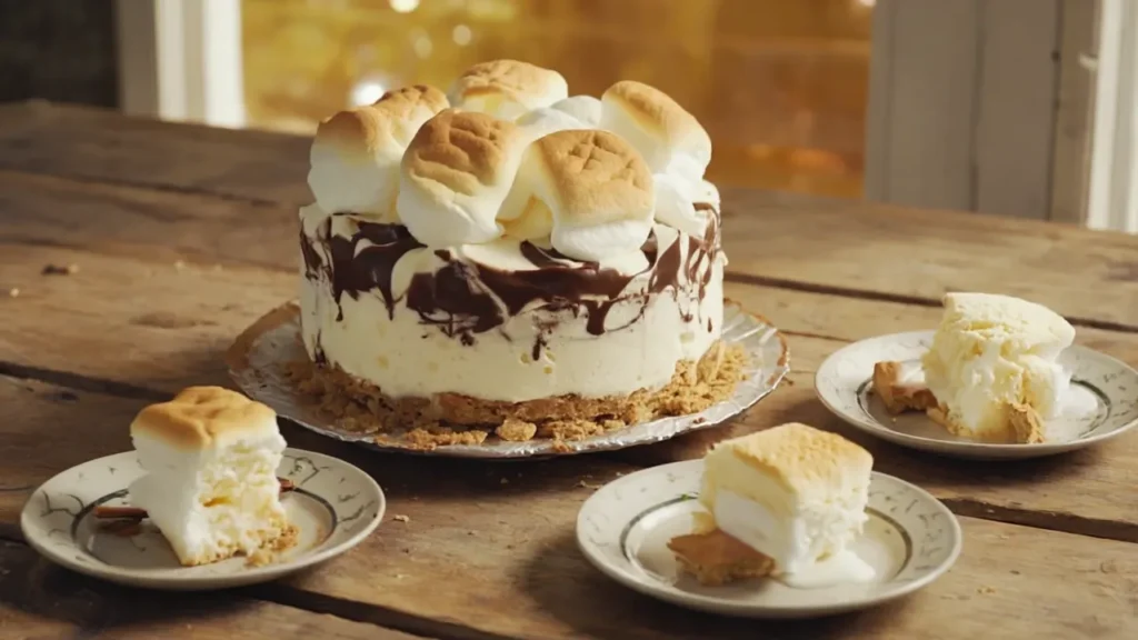 S’mores Ice Cream Cake slice with marshmallow, chocolate, and graham cracker.