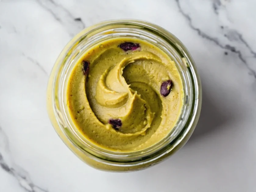 Creamy pistachio butter in a jar