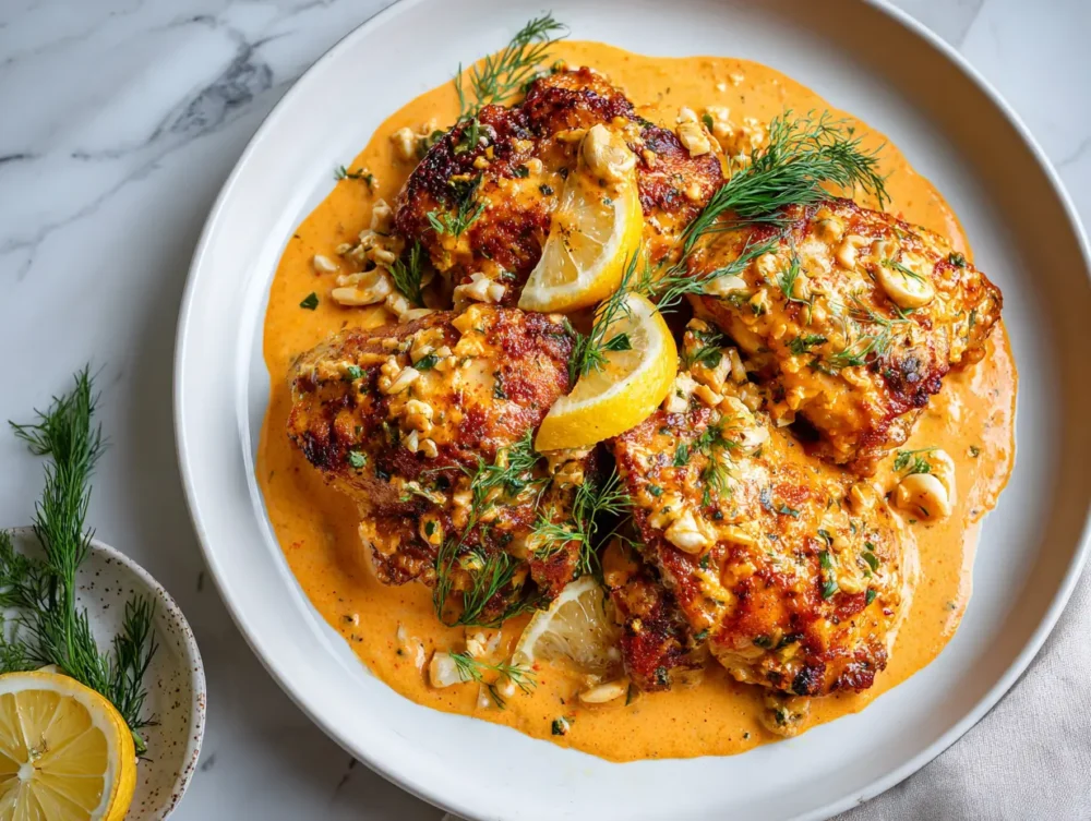 the perfect Lemony Chicken Thighs with Hazelnut Romesco