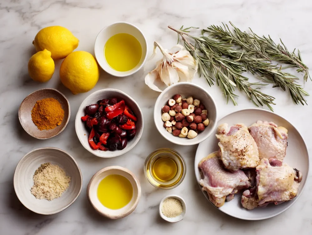 ingredients of Lemony Chicken Thighs with Hazelnut Romesco