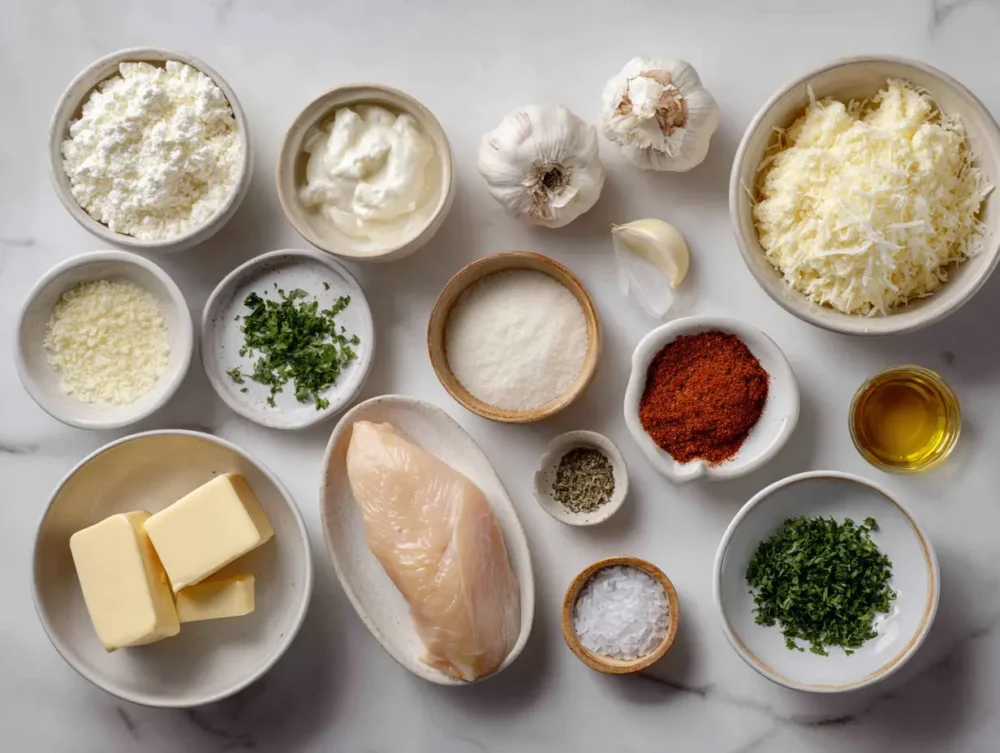 ingredients of creamy chicken garlic parmesan pasta