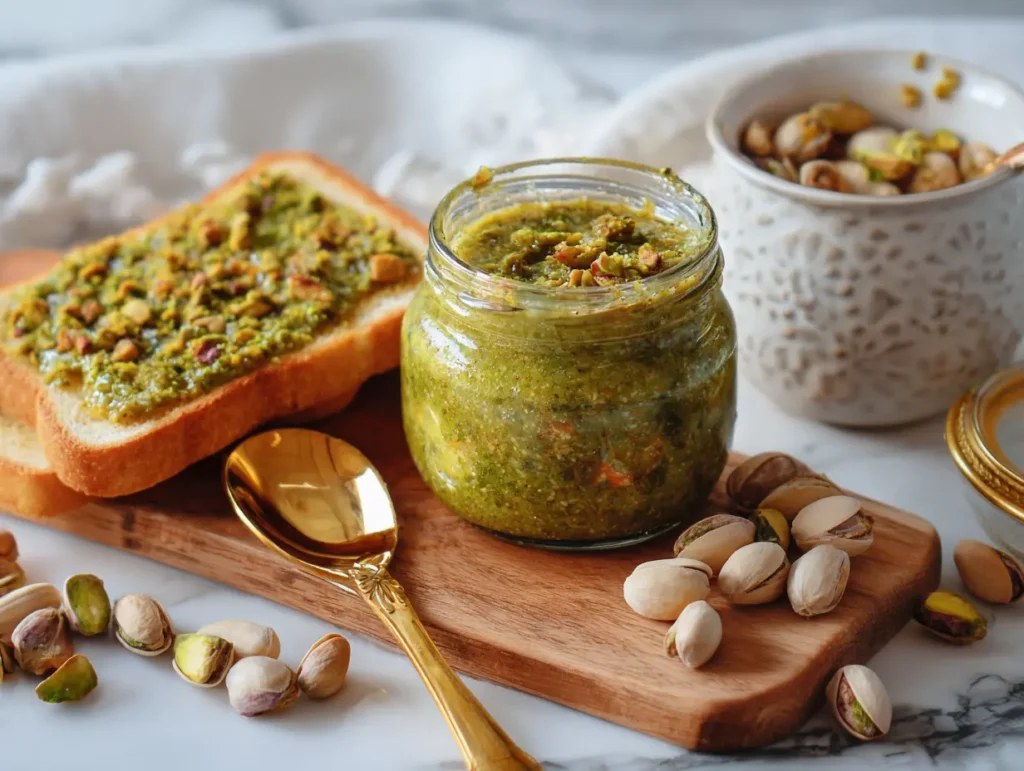 grain bread spread with pistachio butter