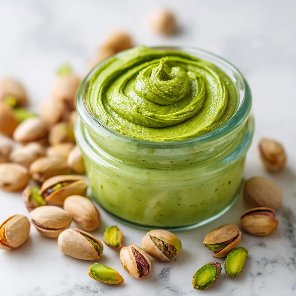 Creamy homemade pistachio nut butter swirled in a glass jar with whole pistachios around.