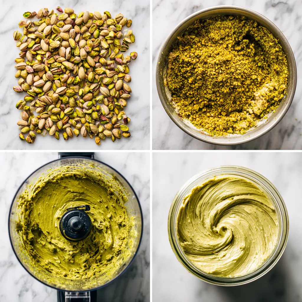 Step-by-step process of making pistachio butter, from whole pistachios to smooth creamy spread.