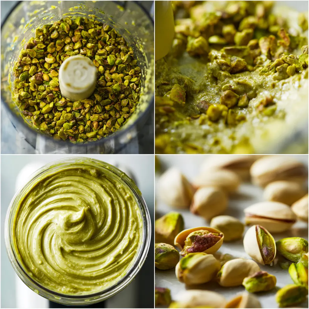 Pistachios blending in a food processor from chopped nuts to creamy butter.
