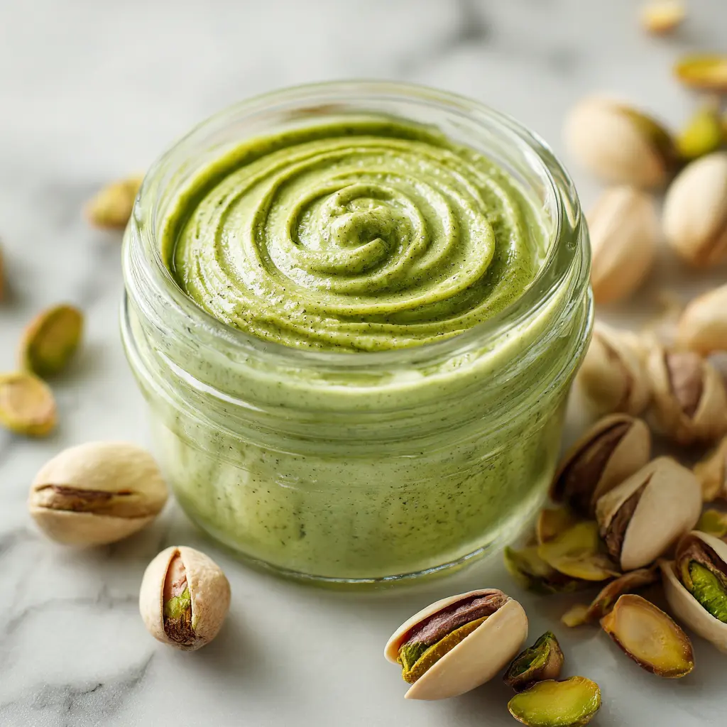 Creamy homemade pistachio nut butter swirled in a glass jar with whole pistachios around.