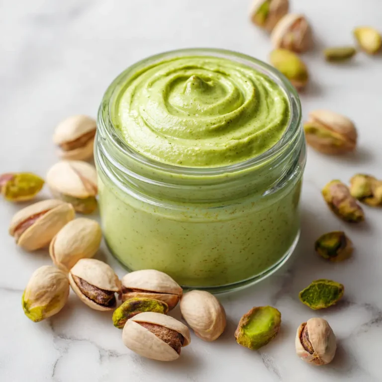 Homemade pistachio nut butter shown from ingredients to blending stages and final creamy spread in a glass jar.