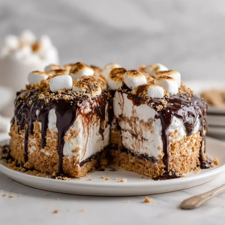 Sliced s’mores ice cream cake showing layers of ice cream, marshmallow, and graham crust.