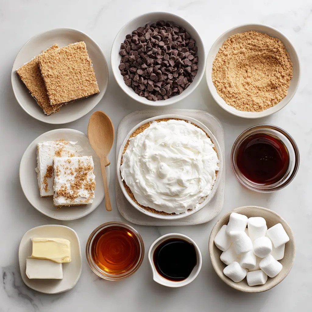 Ingredients for s’mores ice cream cake including graham crackers, chocolate, marshmallows, and ice cream.