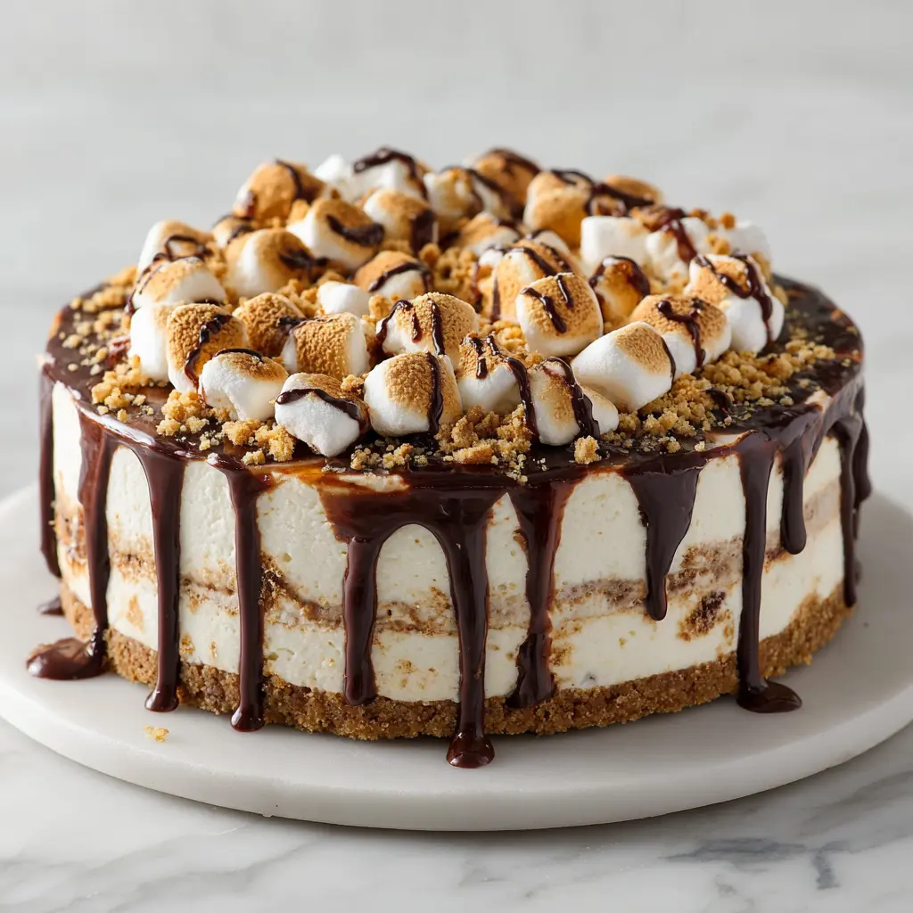 Close-up of toasted marshmallows and chocolate drizzle on s’mores ice cream cake.