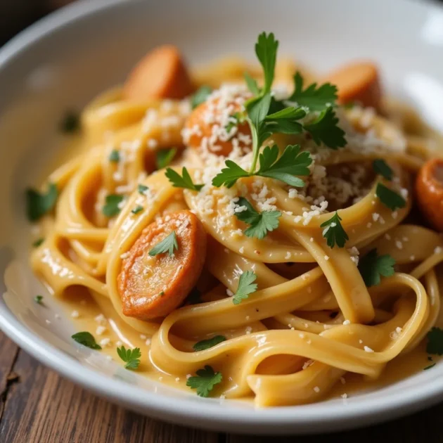 A rich bowl of Creamy Chicken Garlic Parmesan Pasta