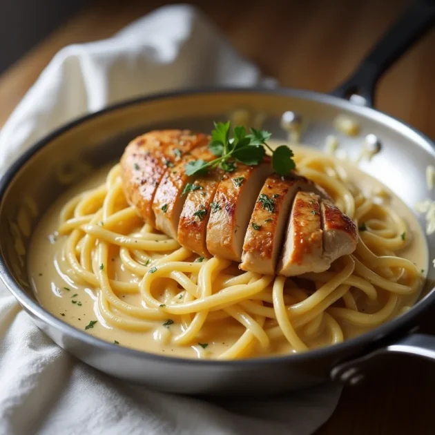 creamy chicken garlic parmesan pasta meal with sides
