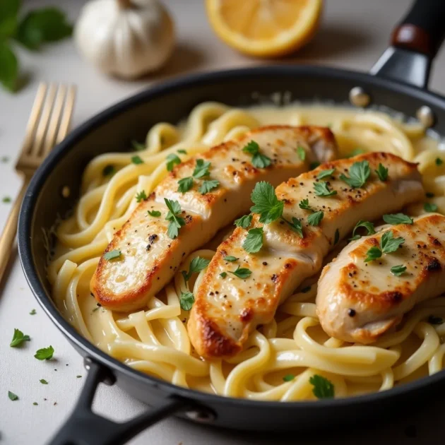 Close-up photo of creamy pasta with chicken, parsley, and Parmesan cheese