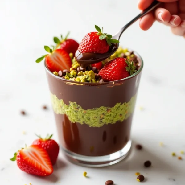 Three Dubai Chocolate Strawberry Cups layered with chocolate mousse, strawberry