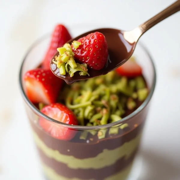 A close-up of a dessert cup filled with layers of vibrant green shredded pistachio halva, fresh strawberries, and rich melted dark chocolate.