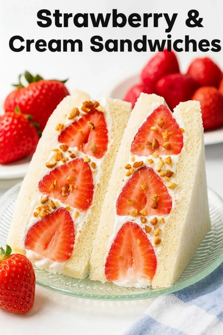 Strawberry cream sando cut in half revealing ripe strawberries and whipped cream