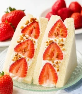 Strawberry cream sando cut in half revealing ripe strawberries and whipped cream