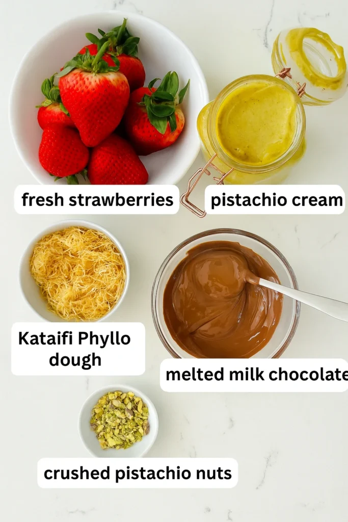 Flat lay of ingredients: dark chocolate, fresh strawberries, kataifi dough , pistachio