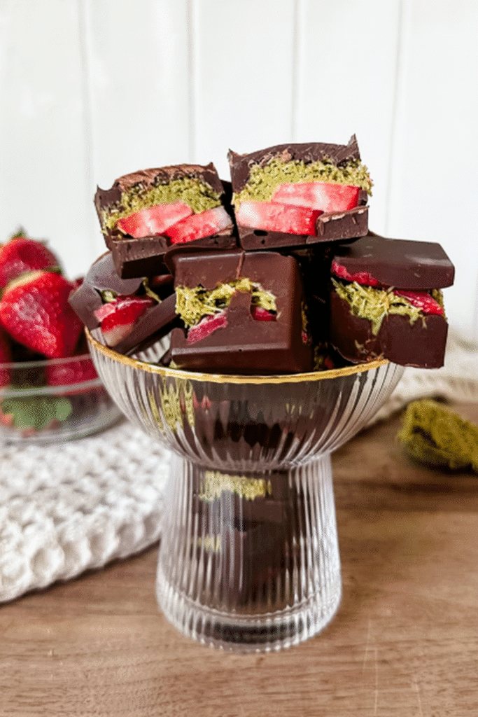 Elegant serving of Dubai chocolate strawberries on elegant cups