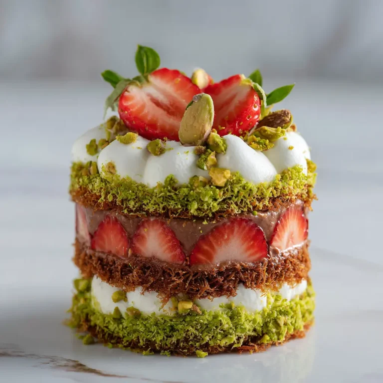 Layered Dubai chocolate strawberries with chocolate mousse, strawberry compote, and pistachio kataifi.