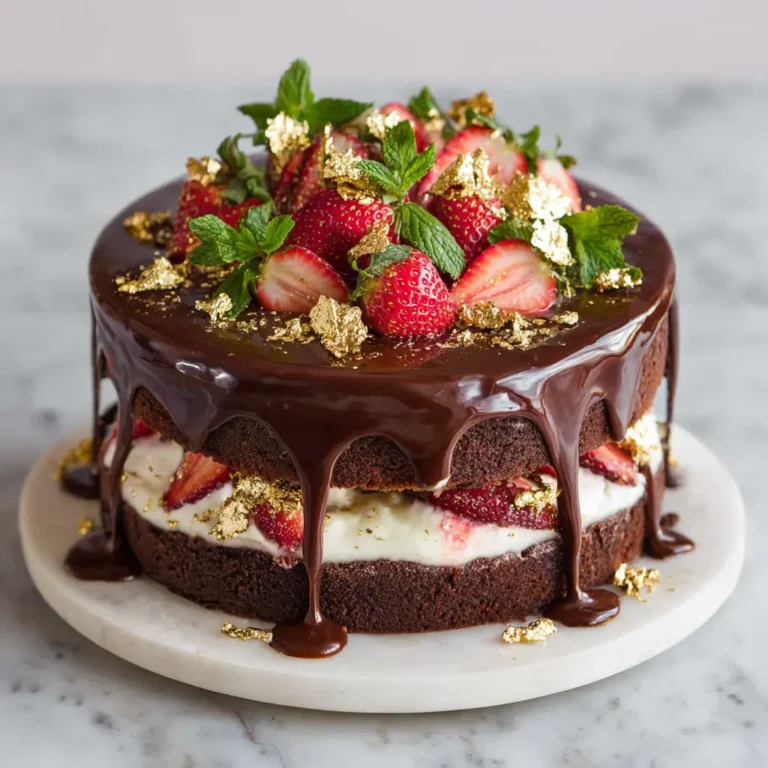 A rich and elegant chocolate cake topped with ganache and fresh strawberries