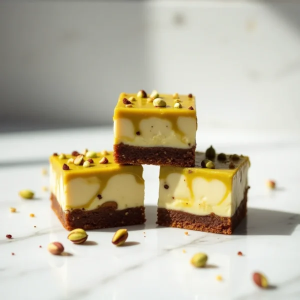 pistachio spread and cheesecake dollops on brownie batter