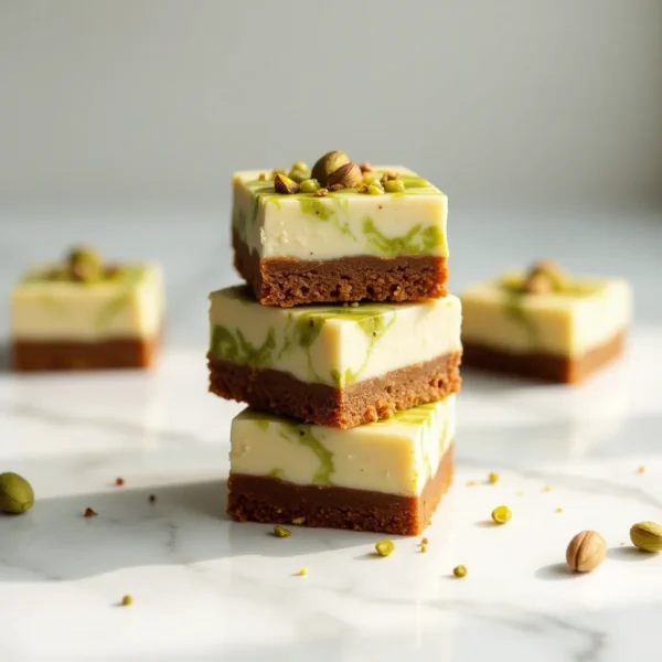 stacked pistachio cheesecake brownie squares topped with pistachios