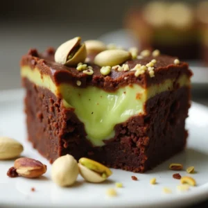 cross section pistachio cheesecake brownie with gooey pistachio swirl
