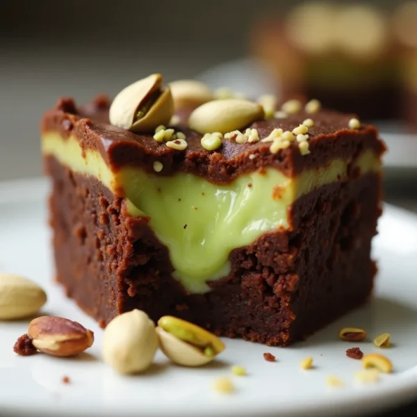 cross section pistachio cheesecake brownie with gooey pistachio swirl
