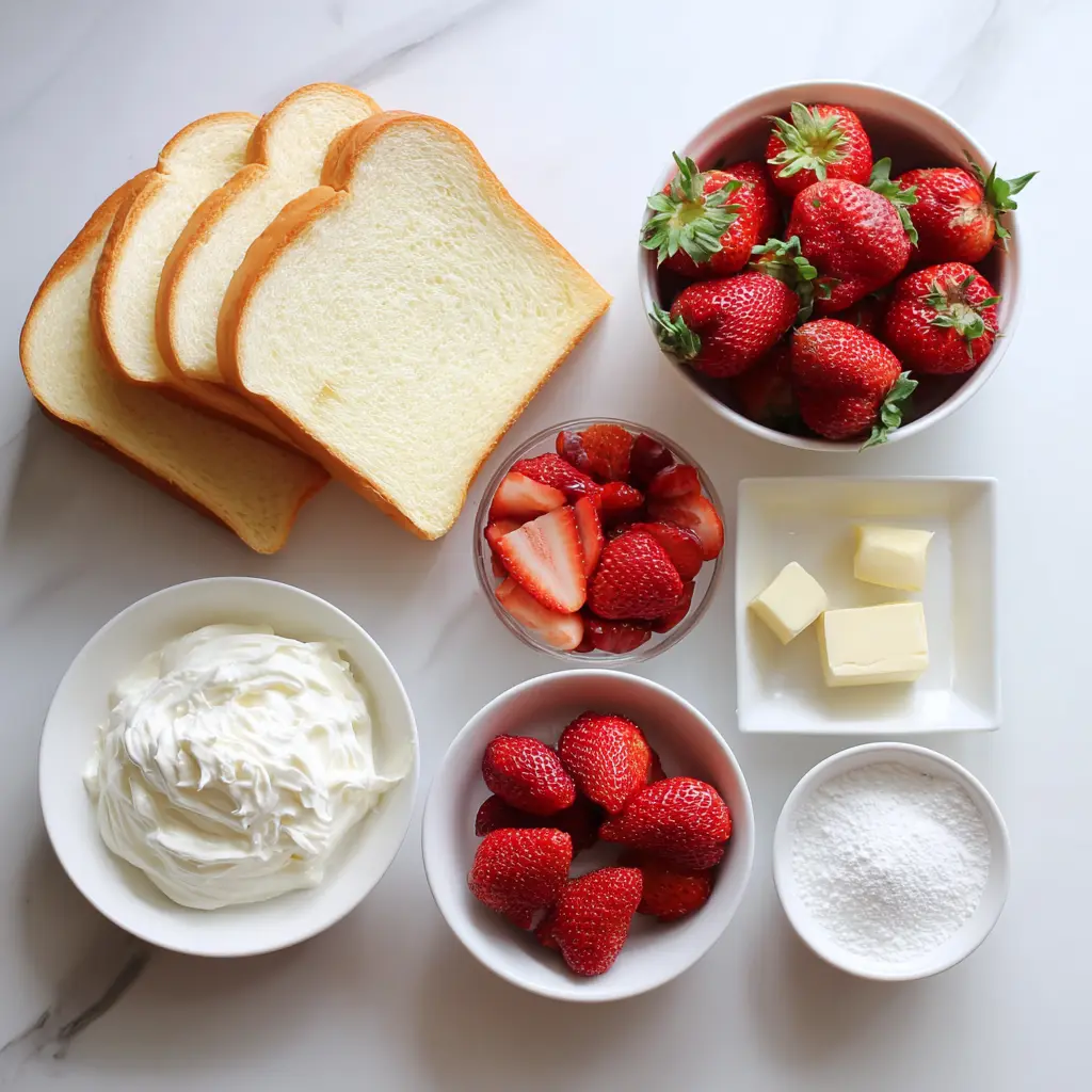 Ingredients for Japanese strawberry cream sando including shokupan bread, strawberries, whipped cream, butter, and sugar.