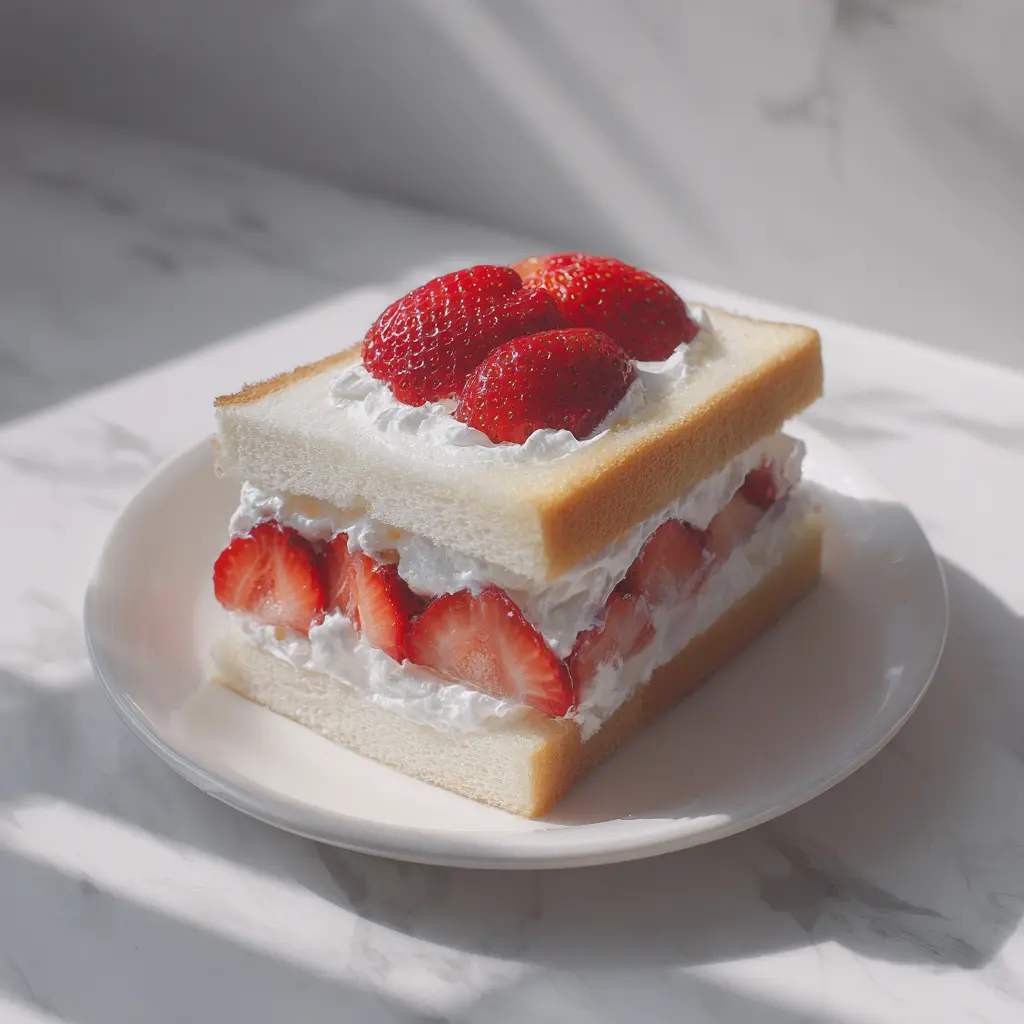 Japanese strawberry cream sando with shokupan, whipped cream, and fresh strawberries on a white plate.