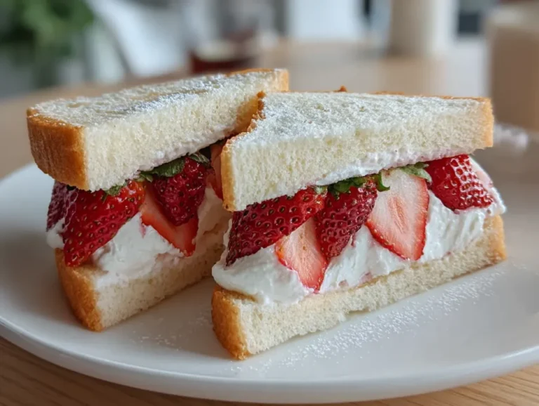 Strawberry cream sando cut in half revealing ripe strawberries and whipped cream