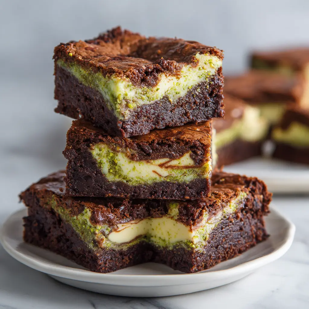 Stacked pistachio cheesecake brownies with rich chocolate layers and green pistachio filling.