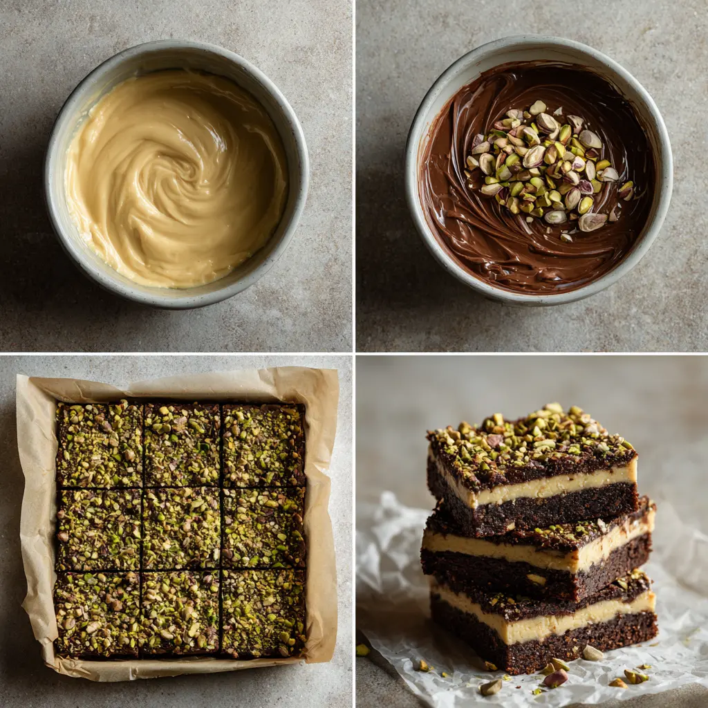 Step-by-step pistachio cheesecake brownies showing mixing, assembly, baking, and sliced squares.
