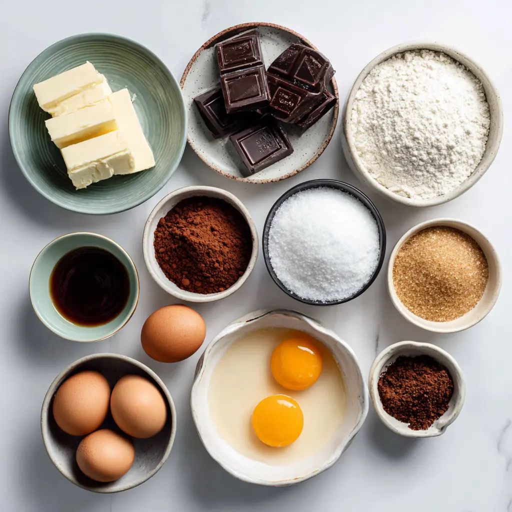 Ingredients for pistachio cheesecake brownies including chocolate, butter, eggs, flour, sugar, and cocoa.