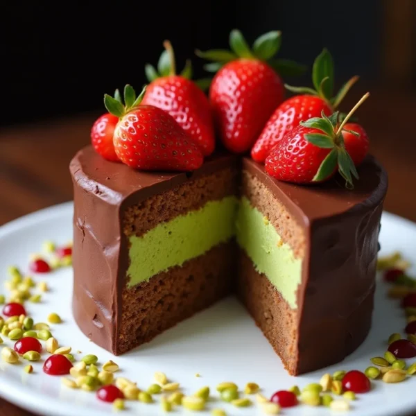 Step-by-step layering process of chocolate cake with pistachio butter filling
