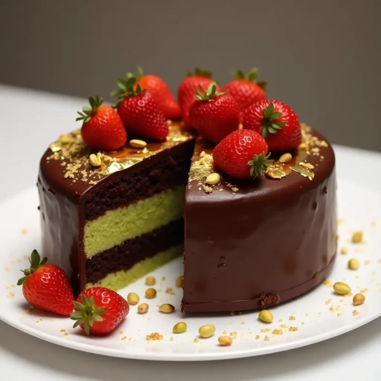 Overhead shot of Dubai chocolate strawberry cake with glossy ganache and sliced strawberries