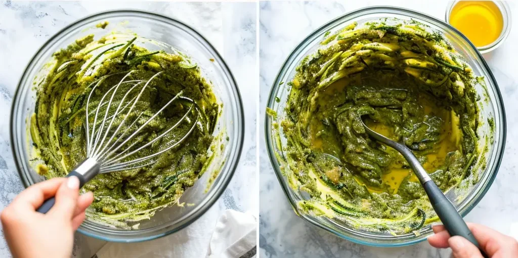 In a large mixing bowl, whisk together eggs, oil, honey , and zucchini 