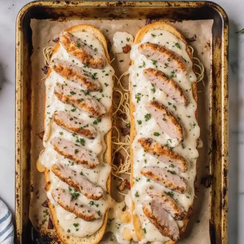 Chicken Alfredo Garlic Bread loaf sliced on a wooden board with melted cheese and herbs.