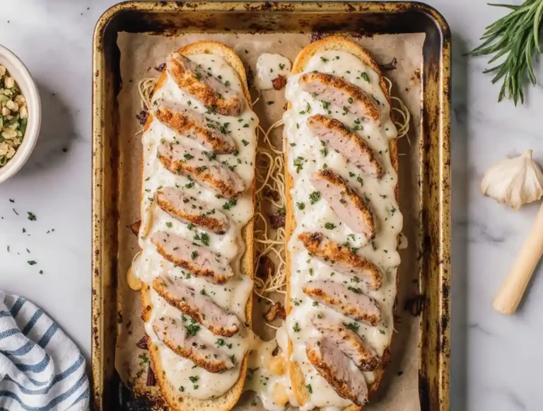 Chicken Alfredo Garlic Bread loaf sliced on a wooden board with melted cheese and herbs.