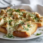 Chicken Alfredo Garlic Bread loaf sliced with melted cheese and herbs.