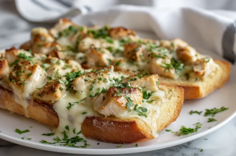 Chicken Alfredo Garlic Bread loaf sliced with melted cheese and herbs.