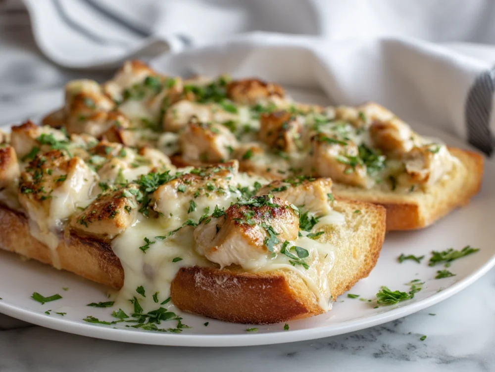 Chicken Alfredo Garlic Bread loaf sliced with melted cheese and herbs.