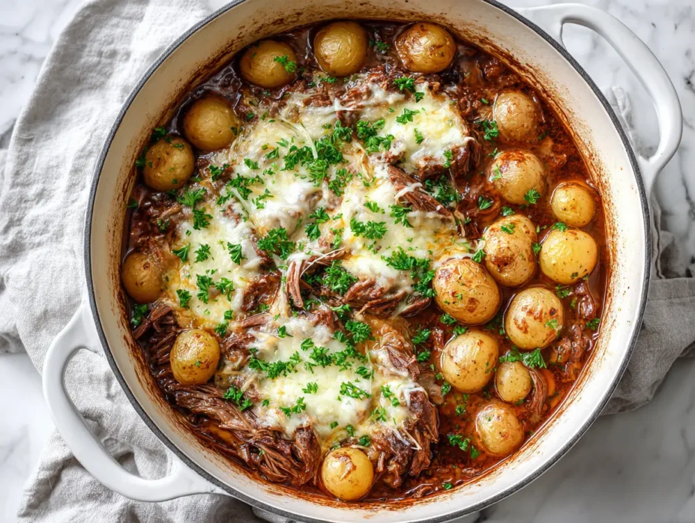 A hearty plate featuring of melt-in-your-mouth beef, rich onion gravy