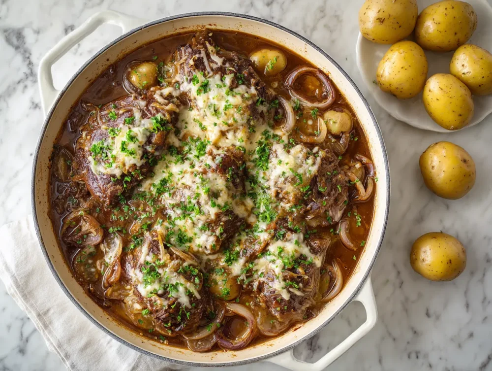 A hearty plate featuring slices of melt-in-your-mouth beef, rich onion and potatoes